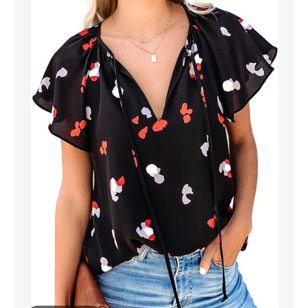 VICI Small Black Abstract Floral Flutter Sleeve Tie Neck Blouse T-4836